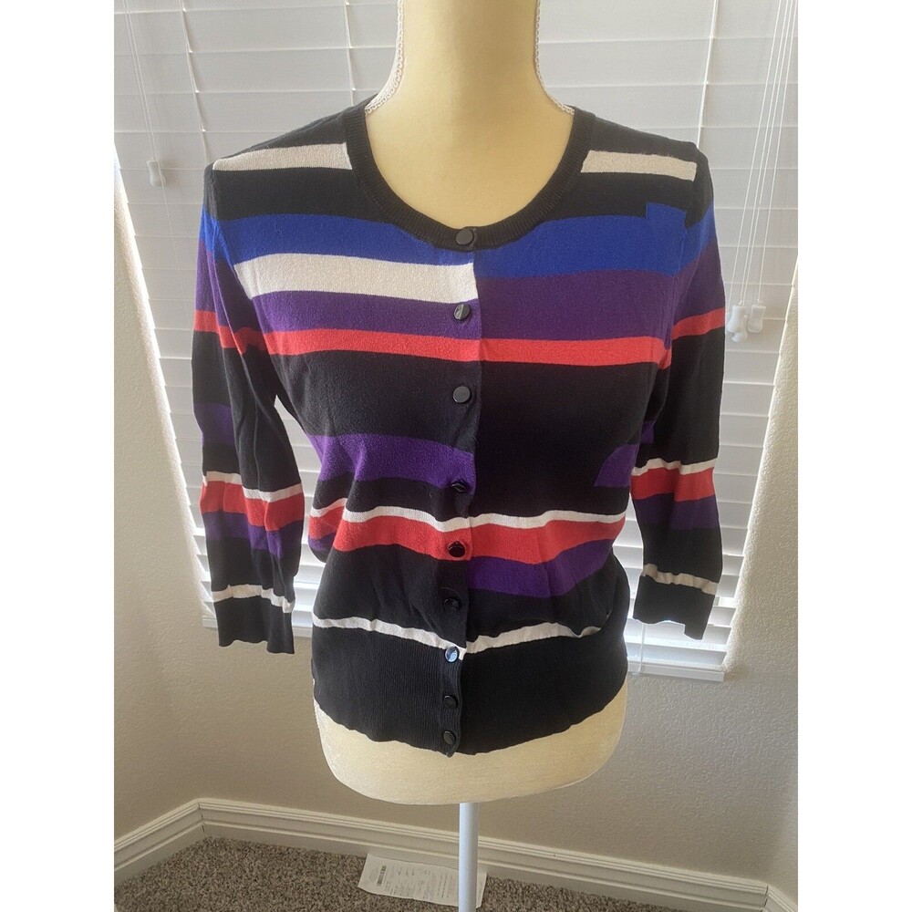 Ann Taylor striped Black, Purple, White & Red cardigan button sweater SZ M